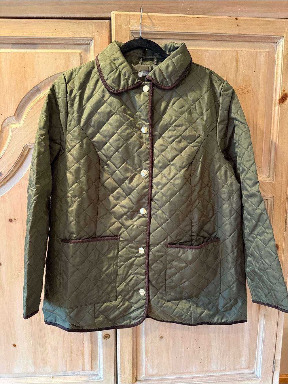 Jessica London Olive Green Quilted Jacket with Brown Trim, 18W, New